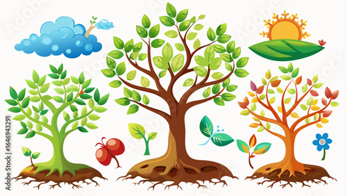 Each stage shows delicate transformation, from tiny seed to vibrant sapling, culminating in a flourishing tree, symbolizing life, renewal, and nature’s enduring cycle in captivating semi-realistic det