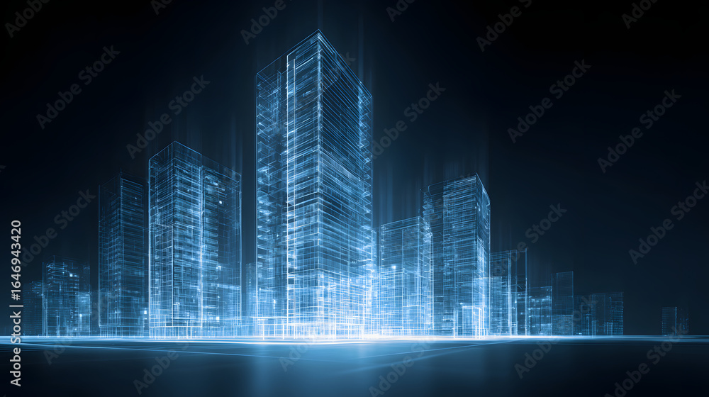 Obraz premium A blue hologram of modern highrise building on dark background with glowing lines and white buildings construction engineering concept, real estate business or digital