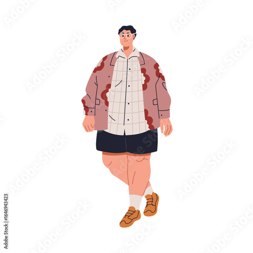 Man with plus-size fat body, walking outdoors. Young body-positive male with ...