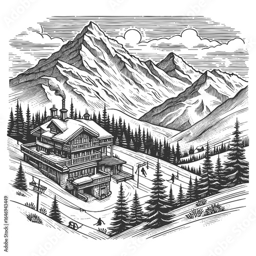 ski lodge surrounded by pine trees and mountains, with skiers on snowy slopes nearby sketch engraving generative ai fictional character vector illustration. Scratch board. Black and white image.