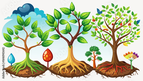 Each stage shows delicate transformation, from tiny seed to vibrant sapling, culminating in a flourishing tree, symbolizing life, renewal, and nature’s enduring cycle in captivating semi-realistic det