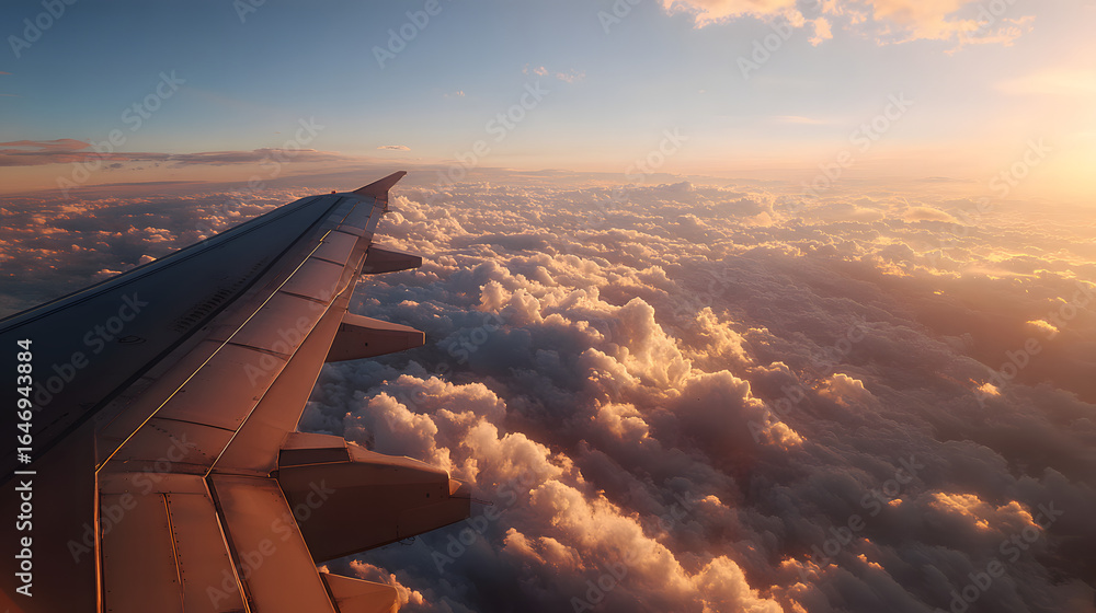 Obraz premium Serene Sunset Over Clouds from Airplane Wing in Golden Light