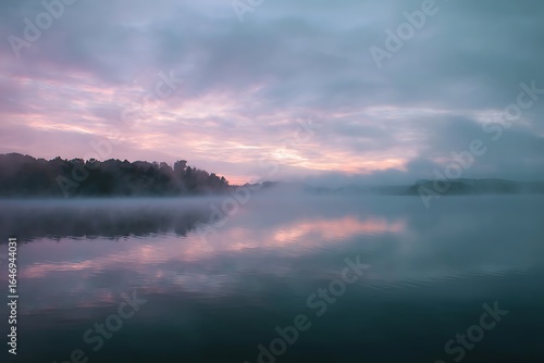 Misty lake sunrise reflecting a tranquil sky.
