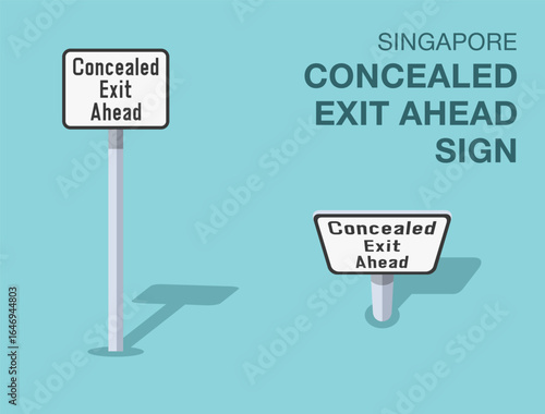 Traffic regulation rules. Isolated Singapore "concealed exit ahead" road sign. Front and top view. Flat vector illustration template.
