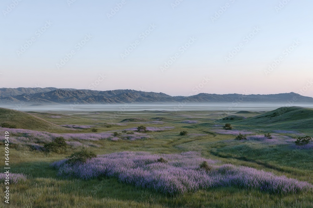 Lush meadow stretches to hazy mountains Lush meadow stretches to hazy mountains