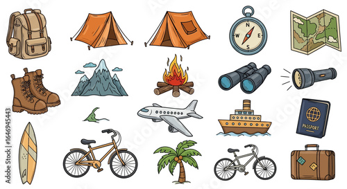 A diverse collection of colorful, hand-drawn icons for travel, camping, and outdoor adventure.