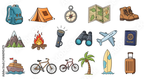 A collection of colorful hand-drawn icons representing travel, camping, and outdoor adventure themes.