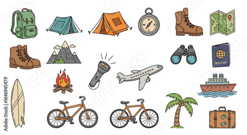 A collection of colorful, hand-drawn doodle icons for travel, camping, and outdoor adventure.