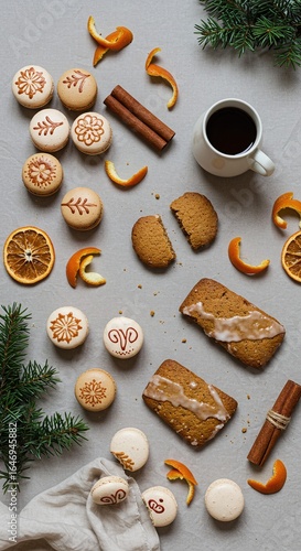 Wallpaper Mural Festive treats and warm beverage A delightful composition of holiday macarons, gingerbread, coffee, and seasonal accents for a cozy atmosphere. Torontodigital.ca