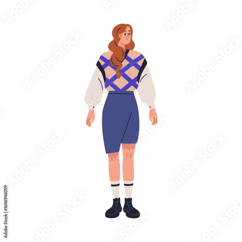 Modern girl in casual clothing. Young woman standing, wearing apparel. Female...