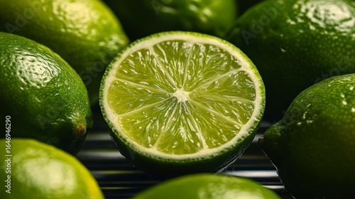 Fresh Limes Display, A Cut Half Reveals Juicy Green Center, Perfect for Healthy Eating and Cooking
