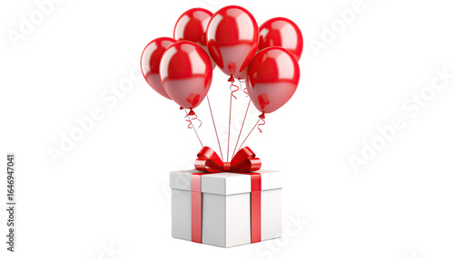 Decorative gift box with red balloons for celebration and party decoration isolated on white background