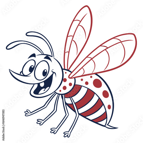 Cartoon Fly with Smiling Face and Red Stripes on a White Background