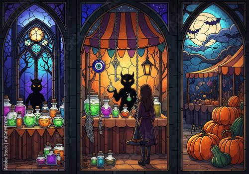 Halloween market scene with witch, demon, and potions in stained glass style