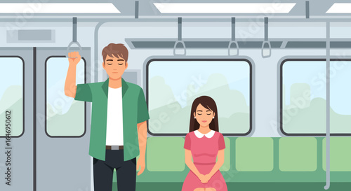 Urban commuters travel on a subway train with a man standing and woman sitting peacefully
