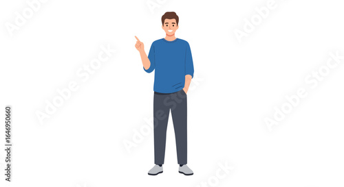 Smiling young man in blue shirt pointing finger showing direction full body character illustration