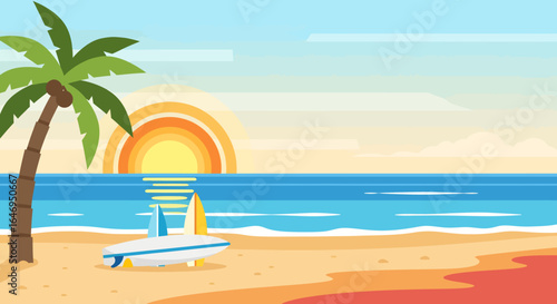 Vibrant tropical beach landscape with palm tree and surfboards at golden hour