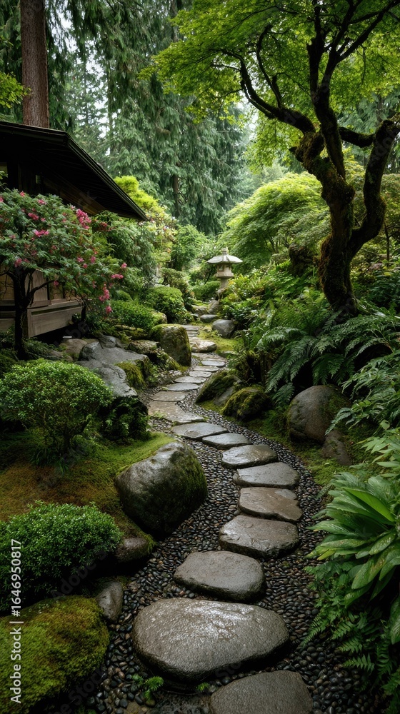 Winding stone path through lush, green garden Winding stone path through lush, green garden