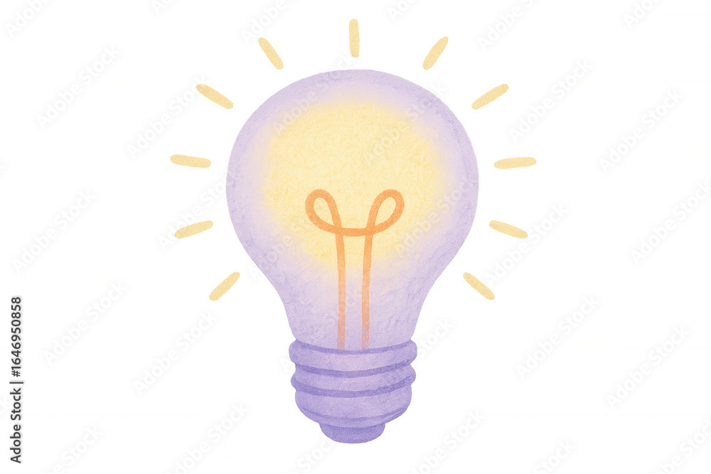 Fototapeta premium Purple light bulb glowing yellow, watercolor illustration symbolizing creative thinking and innovative concepts against transparent backdrop