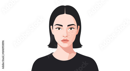 Minimalist vector illustration of a young adult woman with short dark hair in a black shirt