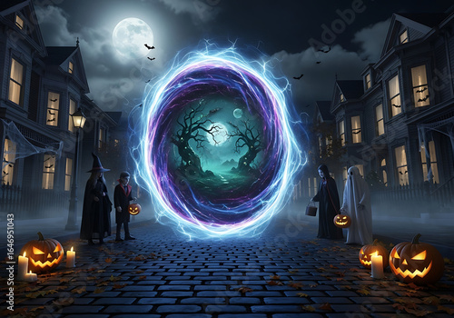 Halloween night scene with portal, costumed children, and jack-o'-lanterns