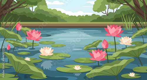 Vibrant pink and white water lilies float peacefully on a tranquil pond surface in nature