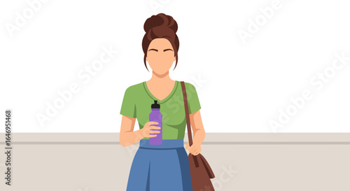 Young adult woman cartoon illustration holding a reusable water bottle and shoulder bag