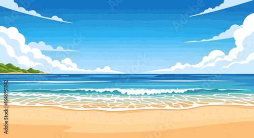 Tranquil beach scene with gentle ocean waves crashing on golden sand under blue sky