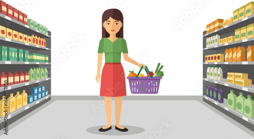Woman shopping in a grocery store aisle with a full basket flat design illustration