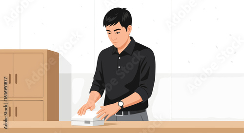 Young man in black shirt carefully handling a white package on a wooden desk in an office setting