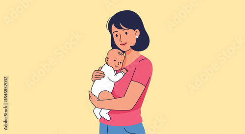 Joyful illustration of a mother lovingly holding her newborn baby in a tender embrace