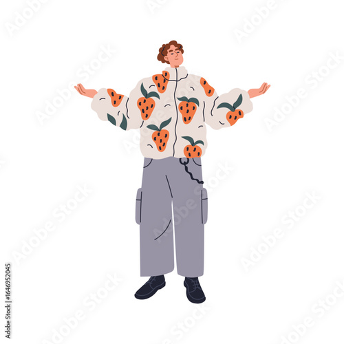 Happy smiling man standing with arms spread, enjoying. Modern style male in carefree pose, calm positive emotion, face expression, pleasure. Flat vector illustration isolated on white background