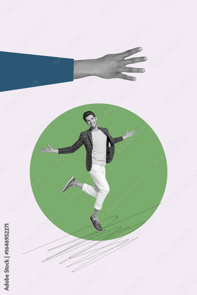 Fototapeta premium Trendy art creative vertical photo collage of happy girl guy dance present money income hand hold transaction budget business