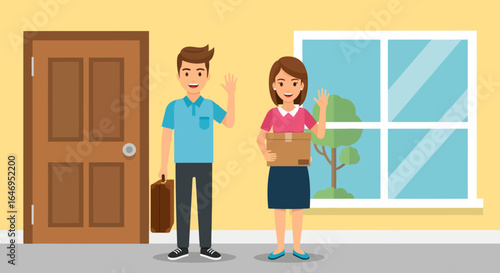 Man and woman wave goodbye in a welcoming home interior with a package and briefcase