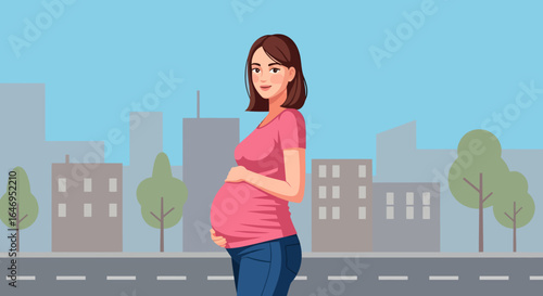 Smiling pregnant woman standing in an outdoor urban city scene illustration
