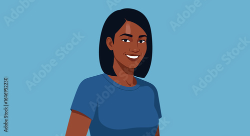 Smiling young adult african ethnicity woman cartoon illustration isolated portrait on blue