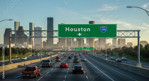 Houston Highway with Guide Sign, Destination Sign, Overhead Signage, Urban Skyline, Multi-Lane Traffic, Daytime
, 