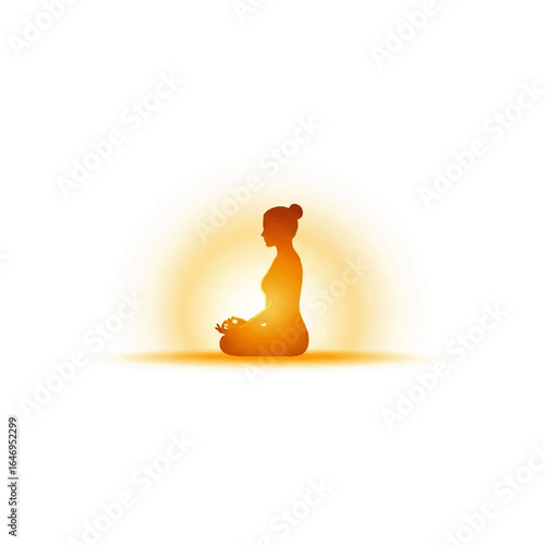 Silhouette of a person meditating in a lotus position, with a glowing aura, promoting peace and wellness.