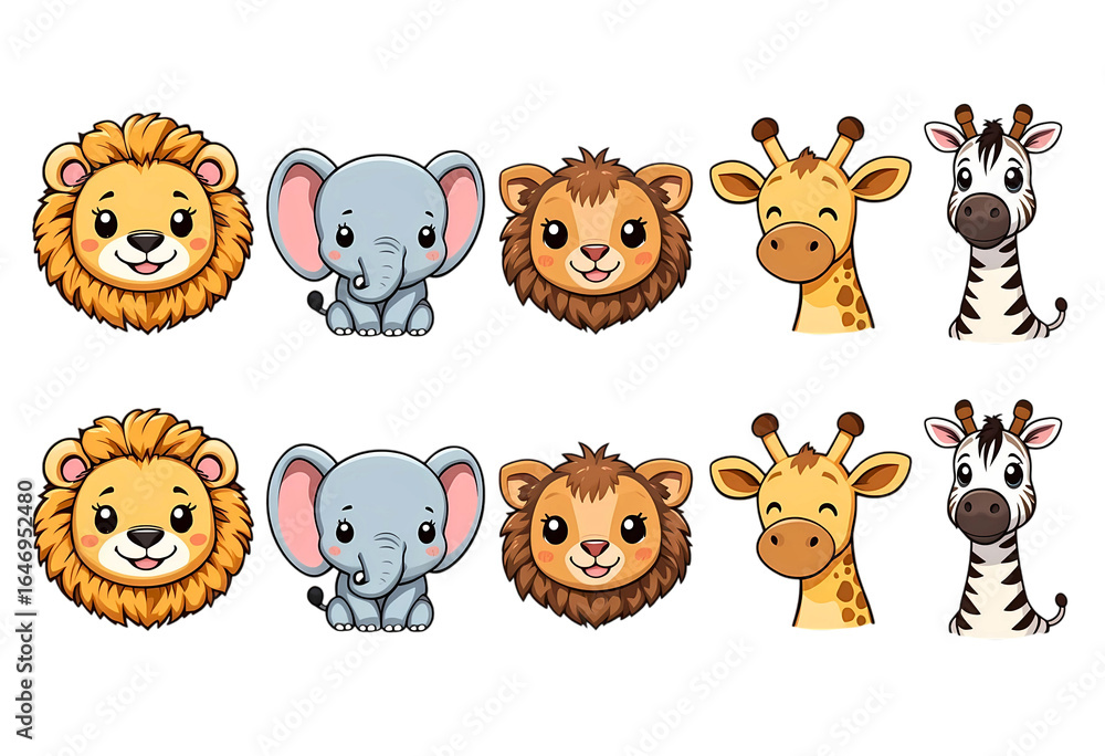 Fototapeta premium A seamless pattern featuring adorable cartoon depictions of lion, elephant, giraffe, and zebra heads transparent background.