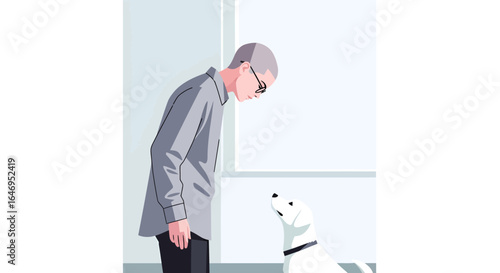 Person and white dog interact in bright minimalist illustration of domestic pet ownership