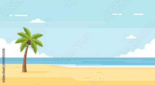 Tropical beach scene with palm tree and ocean view under clear blue sky flat design illustration