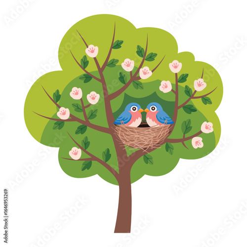 Spring tree with birds nesting, vector illustration on white background.