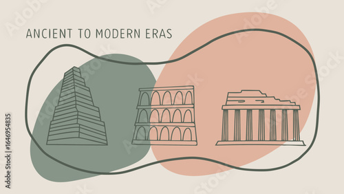 Illustration showcasing architectural landmarks from ancient to modern eras, including a pyramid, coliseum, and temple.