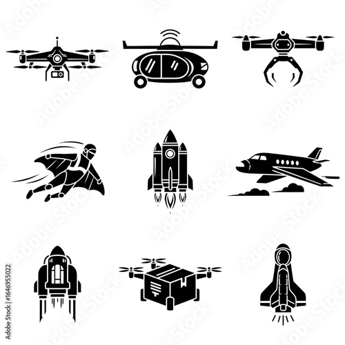 Set of futuristic transportation and technology silhouette icons. Drone delivery, space shuttle, and jetpack.