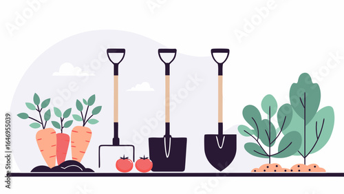A colorful illustration featuring gardening tools, fresh vegetables, and vibrant plants, showcasing the joy of gardening.