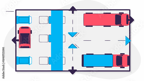 A top-down view of a parking layout featuring cars and trucks, designed for optimal space utilization.