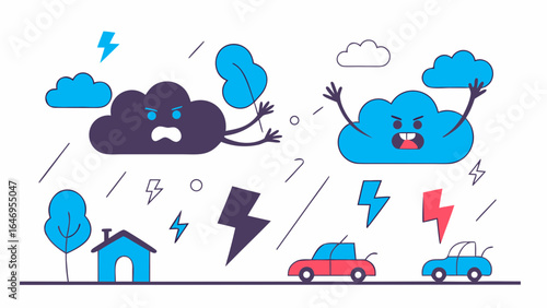 Cartoon-style illustration of angry clouds and lightning, with a home and cars below, conveying a stormy mood.