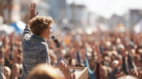 Woman passionately speaking from a podium to a large  crowd during an outdoor protest or rally. Concept of activism, political movements, social causes, feminism and public speeches.