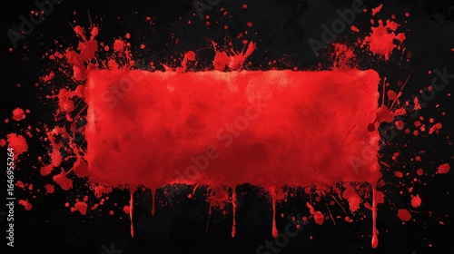 Red blood splatter with drips creating grunge frame on textured black background