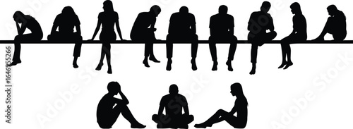 silhouette, people, sitting, thinking, sad, depression, loneliness, group, emotion, stress, anxiety, worry, pensive, despair, isolation, mental, health, mood, reflection, contemplation